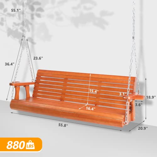 Image of VINGLI 5FT Patio Wooden Porch Swing for 3 Seats, Heavy Duty 800 LBS Front Hanging Bench Swing with Adjustable Safety Chain, Outdoor Bench Swing for Backyard, Garden, Lawn (Brown)