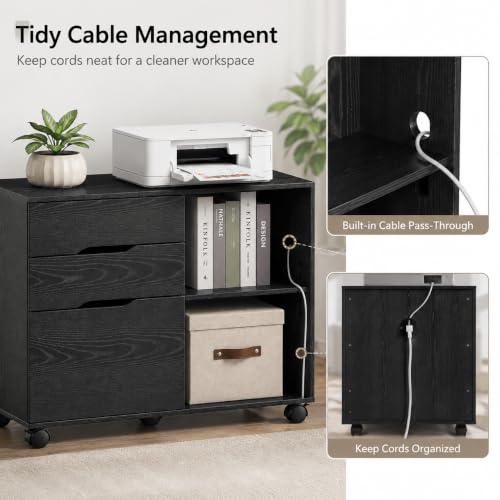 Image of Simple Deluxe 3 Drawer Rolling File Cabinet, Wood Printer Stand with Adjustable Shelf for Home Office Study Organizatiom, Black