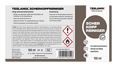 TESLANOL 26050 Scherkopfreiniger Spray zur Reinigung elektrischer Rasierer & Haarschneidemaschinen / Rasierapparate Reiniger / Scherkopf Reinigungsspray / 100ml
