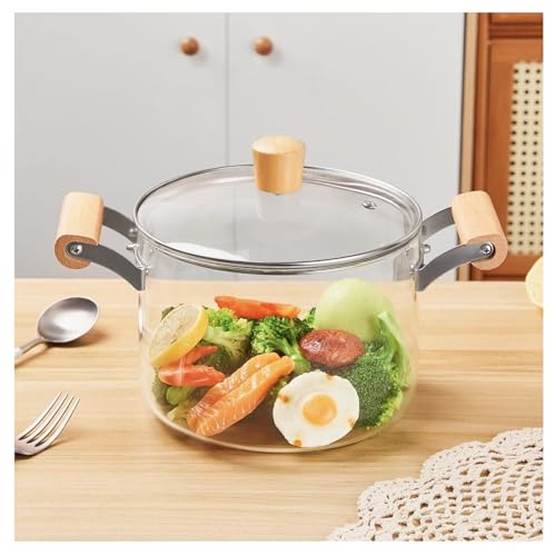 Olla de vidrio con asas dobles de madera, resistente al calor, para cocina y comedor,