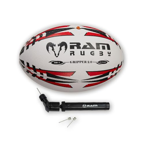 Ram Rugby Gripper 2.0 Pro Trainer Rugby Ball - Hand-stitched - 3-Ply Construction - Hi-tech Bladder - Precision Flight Valve - 3D Grip For Ultimate Passing And Catching Control (Sizes 5, 4 & 3)