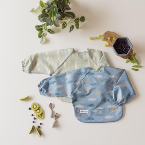 Image of Tiny Twinkle Long Sleeve Bib for Babies&Toddlers|2-Pack Waterproof Smock Bib for Eating|Machine Washable&Mess-Proof Feeding Essentials|Newborn Shower Gift(Heritage Stripe,Gone Fishing,6-24M)