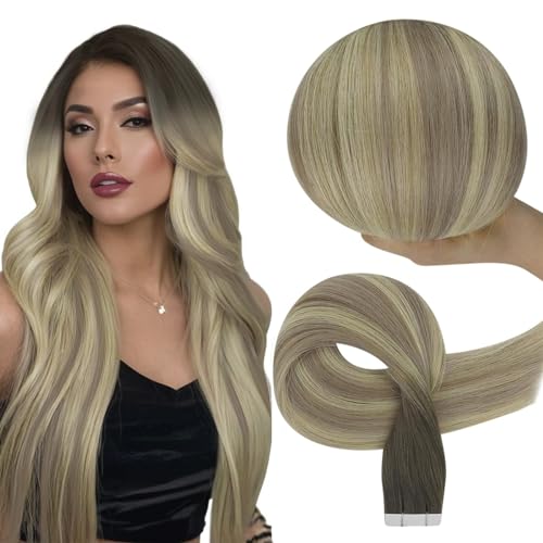Image of Full Shine Insert Virgin Tape in Hair Extensions Human Hair Color 4 /7 /80 Smoky Mushroom Brown Balayage Tape in Extensions 24 Inch Silky Straight Hair Extensions 10Pcs 25 Grams Light for Outing