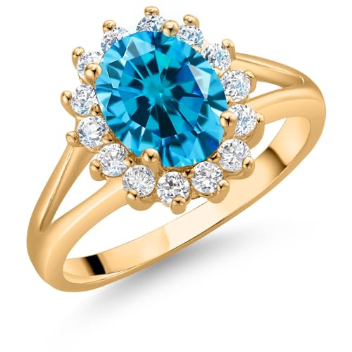 Gem Stone King 18K Gold Plated Vintage Victorian Blue and White CZ Cubic Zirconia Halo Engagement Ring for Women (Available in size 6,7,8)