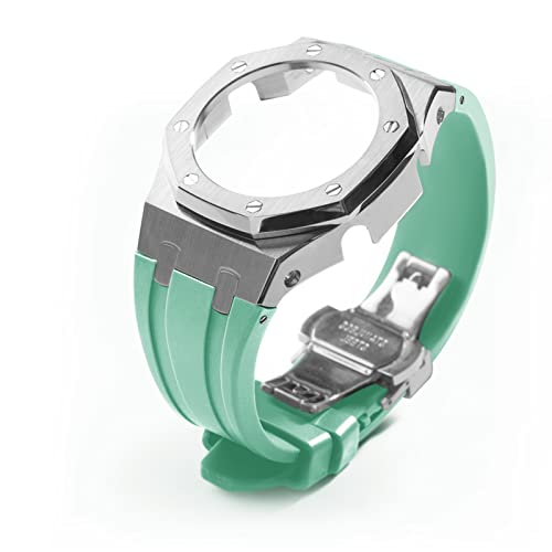 Neuupesen GA2100 Modification Kit - 5th Generation Stainless Steel Case with Rubber Strap - Compatible with GA-2100/GA-2110/GA-B2100 - Watch Accessory Replacement (Silver+tf blue set)