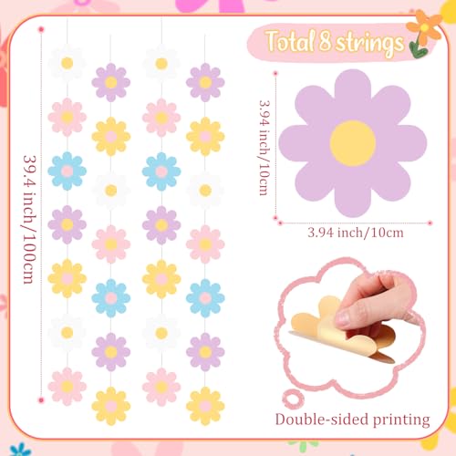 Image of Pasimy 8 Pcs Daisy Boho Party Decorations Groovy Daisy Paper Garlands White Flower Hanging Garland Banner Hippie Flower Cutouts for Birthday Shower Wedding Retro Party Favor(Fashion,Pastel)