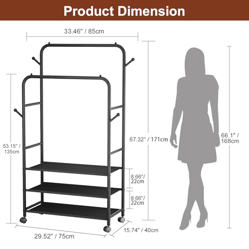 Furologee Clothes Racks for Hanging Clothes, Portable Rolling Garment Rack, Sturdy Metal Freestanding Cloths Racks with Wheels, Double Rods Wardrobe Rack for Bedroom Laundry Living Room