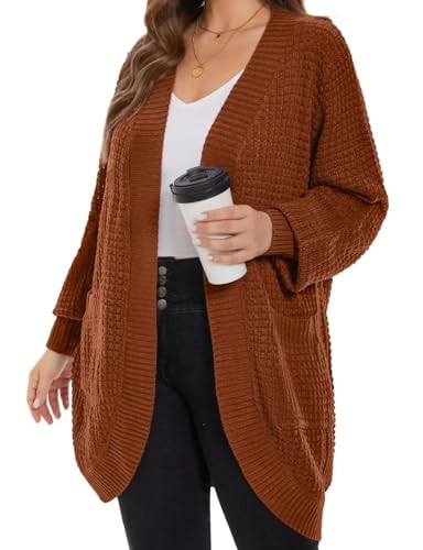 Image of MONNURO Womens Plus Size Open Front Cardigan Waffle Knit Long Sleeve Sweaters Tops Fall Coat Outerwear with Pockets