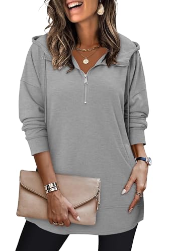 onlypuff Women Hoodie Pullover Trendy Quarter Zipper Lapel Sweatshirts Drawstring Cute Hooded Tunic Tops with Side Pockets