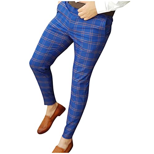 Mens Plaid Stretch Dress Pants Slim Fit Skinny Chino Pant Tapered Leg Checkered Casual Business Golf Work Suit Pants