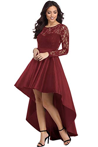 emmarcon Robe longue de cérémonie élégante pour femme, manches longues en dentelle, robe de fête pour femme, ourlet asymétrique -  Rouge -  L
