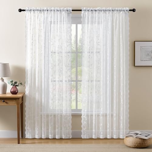 HushLoom Lace Curtains 84 Inches Long Vintage Floral Light Filtering Scalloped Edges Sheer Lace Curtains for Living Room & Bedroom Rod Pocket 2 Panels Set Branch Pattern (White 52 W x 84 L)
