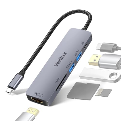 Image of Verilux 6 in 1 USB C Hub Adapter with 4K HDMI 30Hz, 100W PD Fast Charging, Dual USB 3.0 Ports, SD /TF Card Reader, Multiport Converter for Laptops, SSD Enclosure, Monitors