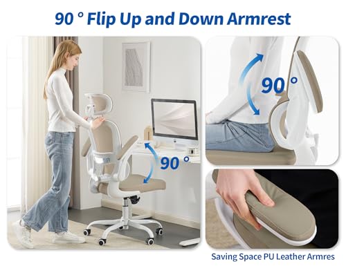 Image of TRALT Ergonomic Office Chair - Desk Chair with Adjustable Headrest Lumbar Support Computer Chair - Mesh Comfy Chair with Flip-up Armrests - Gaming Chairs for Adults Home Office (PU Leather,Khaki)