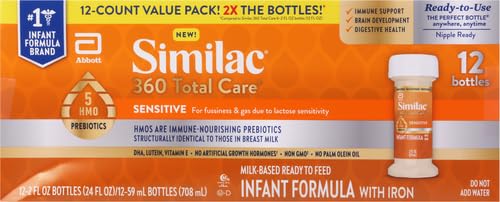 Image of Similac 360 Total Care Sensitive Infant Formula for Fussiness & Gas Due to Lactose Sensitivity, Has 5 HMO Prebiotics, Baby Formula, Ready to Feed, 2-fl-oz Bottle, (Pack of 24)