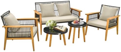 GIANTEX Gartenlounge Outdoor Möbelsets, 5-teiliges Rattan Gartenm...