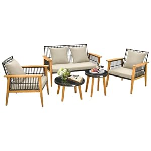 Giantex Gartenlounge Outdoor Möbelsets, 5-teiliges Rattan Gartenmöbel Set mit Akazienholzrahmen, Sitzgruppe für 4 Personen mit Sitzkissen, Balkonmöbel Kleiner Balkon, Terrassenmöbel Sitzgarnitur