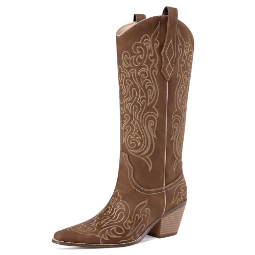 LOCERICH Women Knee High Boots Cowgirl Boots Cowboy Tall Boots Western Wide Calf Ladies Low Chunky Heel Snip Toe Comfortable Dress Boot with Embroidered