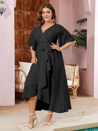 Image of SCOMCHIC Women Plus Size Maxi Dress Short Sleeve Wrap V Neck High Low Split Ruffle Long Dress