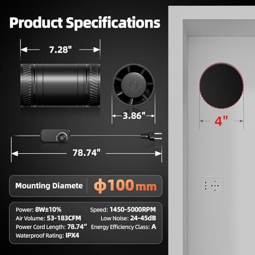ONVEAN 4 Inch Inline Duct Fan with Speed Controller, Upgraded Inline Fans High-Efficiency Exhaust Duct Fan, Low Noise HVAC Ventilation in Basement Bathroom Workshop Attic Grow Tent - 5