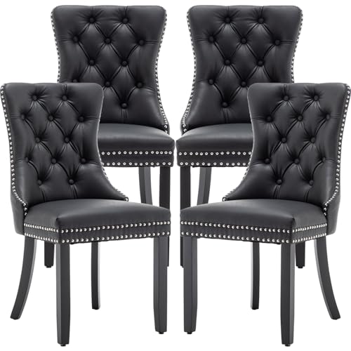 Systemkenji Leather Dining Chairs Set of 4, Upholstered Dining Room Chairs with Nailhead Trim, Sillas de Comedor Modernas 2, Wooden Kitchen Chairs for Dining Room, Living Room, Kitchen, Bedroom, Black
