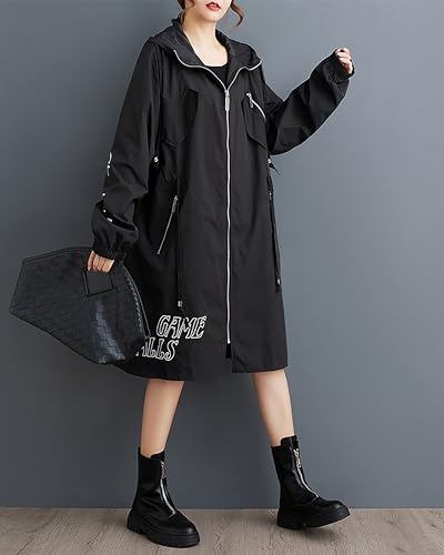 ellazhu Women's Coat Long Sleeve Zip Up Patterned Hoody Straight Hem Loose Casual Elastic Armhole Two Side Pockets GZ3773