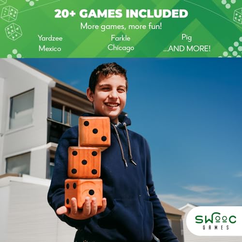 SWOOC Games – Yardzee, Farkle, & 20+ Giant Dice Games – Yard Dice (All Weather) w/Bucket, Scorecards, & Marker – Giant Outdoor Games – Giant Yard Games for Adults – Big Dice Jumbo Dice – Large Dice
