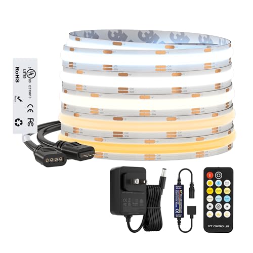 Image of BTF-LIGHTING FCOB COB CCT 3000K-6000K Tunable White LED Strip with RF Remote,UL Listed 24V 16.4FT 640LEDs /m Super Bright Dimmable Tape Light for Bedroom Kitchen Under Cabinet Indoor Decor