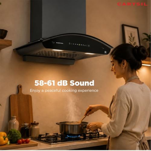 Image of Carysil Curvantis 60 cm Kitchen Chimney, Curved Shape, 1500 m /hr Suction, Auto-Clean Filterless, 3-Speed Touch & Gesture Control, LED Lamp, 10-Year Warranty - Black