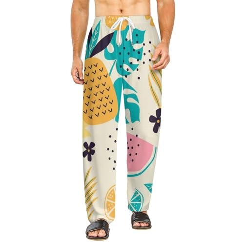 Fruit Pineapple Comfy Casual Pajama Pants,Print Drawstring Palazzo Lounge Pants Wide Leg