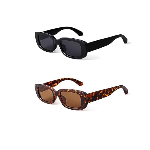 JUDOO Rectangle Sunglasses for Women Vintage Fashion Narrow Square Frame with UV400 Protection ((2 pack) Black+Tortoise Frame Brown Lens)
