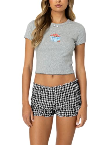 Image of Yuemengxuan Women Y2k Ruffle Shorts Ruched Plaid Shorts Micro Shorts Pajama Bottoms Y2k Cute Fairy Lace Edge Pettipants