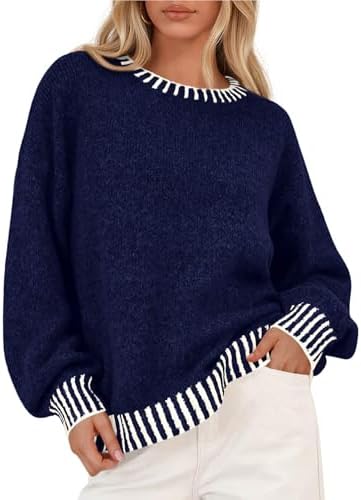 KIRUNDO Oversized Sweaters for Women 2025 Long Sleeve Crewneck Fall Tops Contrast Chunky Knit Pullover Winter Clothes