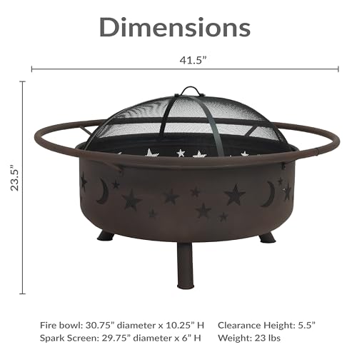 Image of Sunnydaze Cosmic 42-Inch Large Outdoor Fire Pit - Wood-Burning Firepit for Outside Patio, Backyard, Deck - Steel - Wood Grate, Spark Screen, and Fireplace Poker Included - Bronze - 31 inch Bowl Diameter