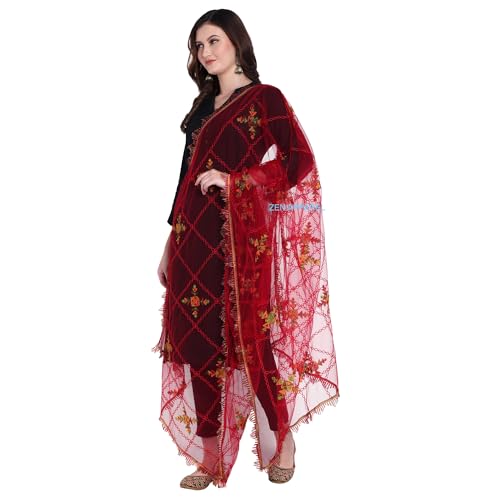Image of ZEN APPAREL Women's Embroidered Net Dupatta with Lace Borders (Z-101) Premium Net Fabric Golden Aari Work
