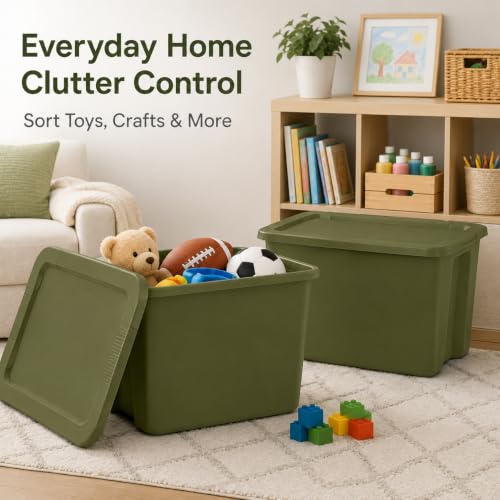 Image of 18 Gal Stackable Storage Tote with Lid, Plastic Container, Olive Green