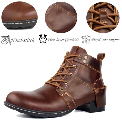 Image of Motorcycle Boots Men CasuaL Riding Leather Motorcycle Combat Boot /Shoes Fashion Lace-up Chukka Boot Ankle Caramel Brown HF002-1