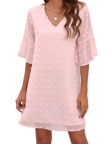 Blooming Jelly Womens Pink Dresses Short Sleeve V Neck Ruffle Cute Sun Dresses Chiffon Flowy Shift Mini Dress (XL,Pink)