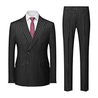 MOGU Herren Zweireihiger Nadelstreifen-Anzug, 2-teilig, schmale Passform, Smoking, formelle Jacke und Hose für Business, Hochzeit, Abschlussball, Schwarz, S