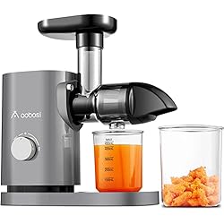 Extractora Prensado En Frio Aobosi Licuadora prensado en frio, Extractor de zumos y frutas con motor silencioso, vaso para zumo y cepillo de limpieza, sin BPA (150 vatios/Gris)