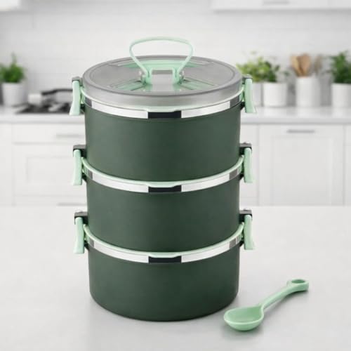 Image of 3 Tier Stainless Steel Insulated Lunch Box for Office Use | Leak-Proof Tiffin Box with Airtight Food Containers | Lunch Box for Men Women Kids with Handle & Side Locks (Multicolor)(1-pcs)