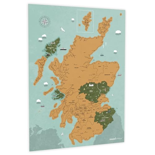 Uncover Maps Scotland Scratch Off Map - A2 Travel Poster with Illustrated Landmarks - Unique Camper Van Accessory, Classroom Map or Wall Art Gift