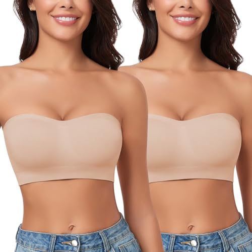 Image of WOWENY Strapless Bras for Women Bandeau Bra Wireless Non-Slip Silicone Seamless Padded Tube Top Bra
