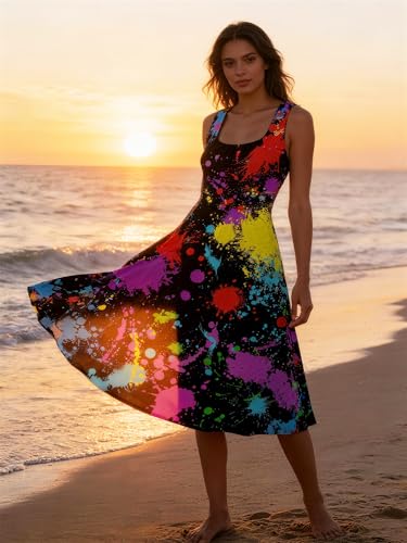 Image of uideazone Women Funny Print Sleeveless U Neck A Line Casual Midi Dress | Soft Stretchy Breathable Fabric Flared Swing Sundress Fitted Waist for Daily Wear 80 /90s Themed Party Beach Vacation Trips