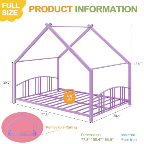 Image of Garvee Full Size Montessori Metal House Floor Bed Frame with Rail, Purple