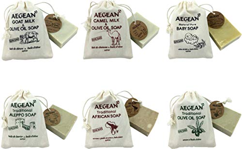 Aegean Traditional 100% Pure Natural & Handmade Soap Bar Gift Set, Face Soap or Body Soap, 6 pc Variety Soap Pack, 4.5 oz Each Bar (African, Aleppo, Baby, Camel, Goat, Olive Oil)