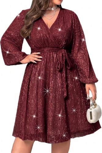 Image of RED DOT BOUTIQUE 876 - Plus Size Elegant Sheer Sleeve Dress with Waist Sparkle Chiffon Mesh Cocktail Dress
