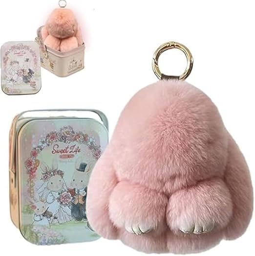 Bunnylulu Keychain with Box BunnyCute Plush Key chain Adorable Charm for Phones Bags (Peach pink)