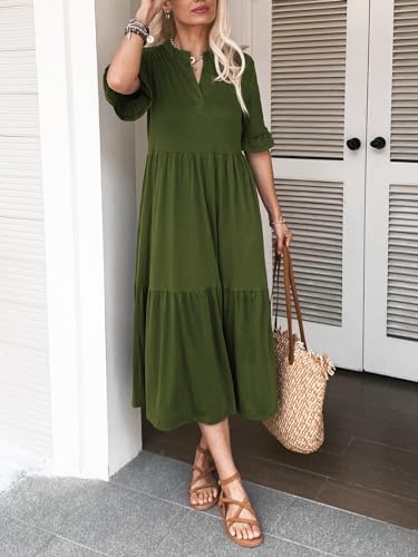 Image of Mieazom Short Sleeves Maxi Dress for Women A Line Summer Dress V Neck Casual Loose Tiered Long Dresses with Pockets
