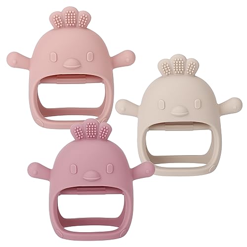 Image of Socub 3 Pack Silicone Baby Teether Toys for Infants 3+ Months, BPA Free Anti-Drop Silicone Mitten Teething Toy for Soothing Sore Gums, Baby Chew Toys for Sucking Needs, Rose Pink,Dark Pink,Beige